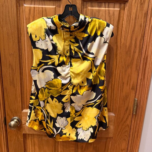 MILLY Riley Paper Peony Print Mock Neck Sleeveless Top, Yellow/Black, L - Picture 5 of 10